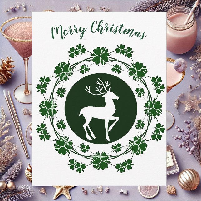 Tarjeta de saludo de flor de flores de reno para n (Vintage Christmas Reindeer Floral Wreath Card)