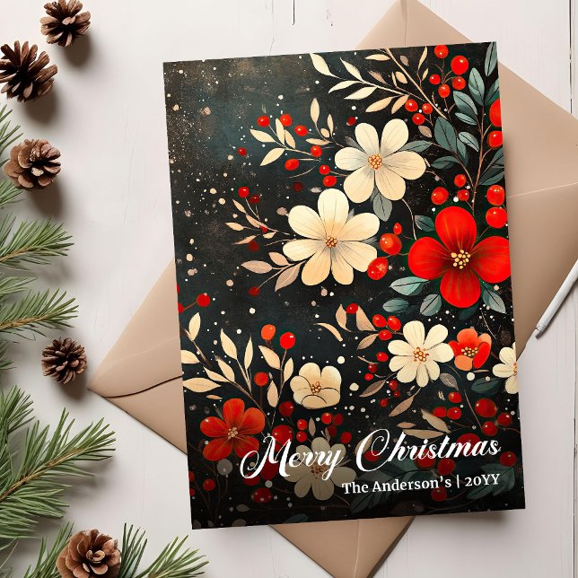 Tarjeta de saludo de flores de Navidad retro impre (Retro Christmas Flowers Holiday Printable Greeting)