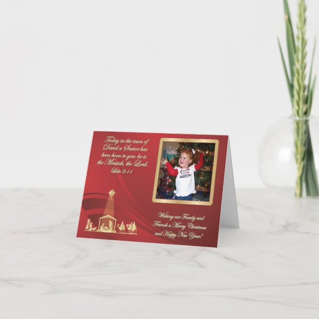 Tarjeta de saludo de fotos de Navidades rojos (Anverso)