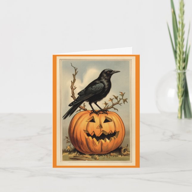 Tarjeta de saludo de gallo y calabaza de Halloween (Anverso)