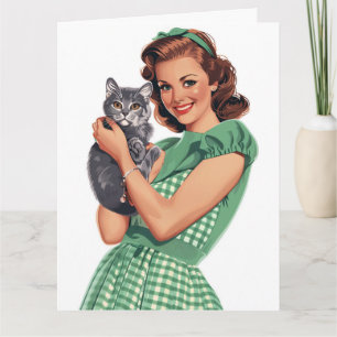TARJETA DE SALUDO DE GATITO AMA DE CASA RETRO