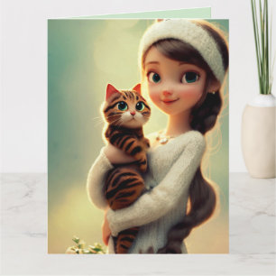 TARJETA DE SALUDO DE GATO CHICA PENSANDO EN TI CRI