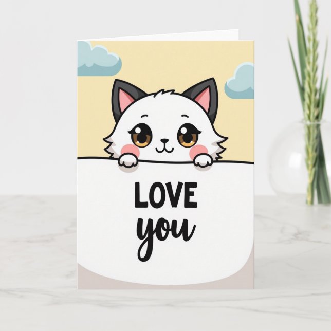 Tarjeta de saludo de gato Kawaii te ama (Anverso)