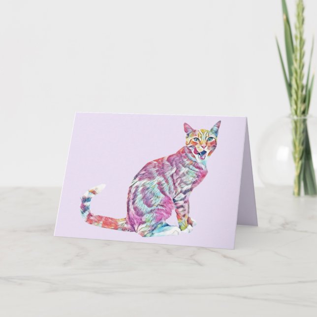 Tarjeta de saludo de gato pintada de color (Anverso)