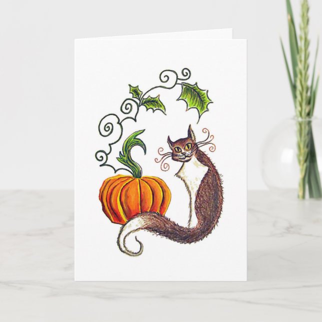 Tarjeta de saludo de gato y calabaza (Anverso)