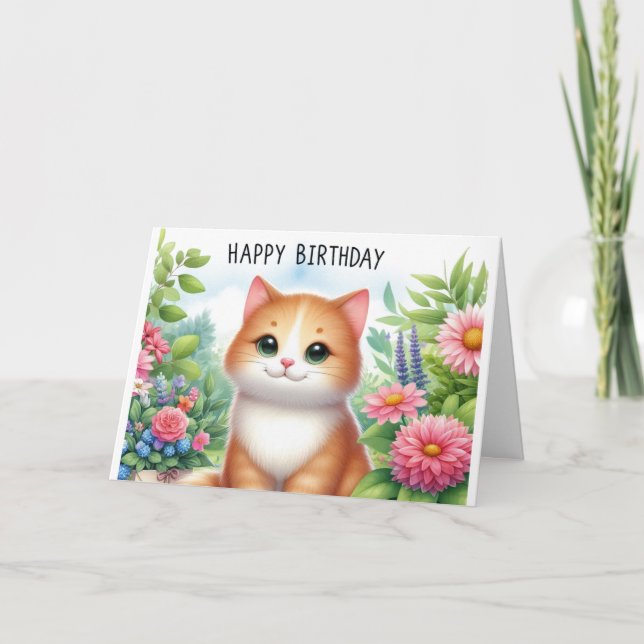 Tarjeta de saludo de gato y flores de la nieta lin (Anverso)
