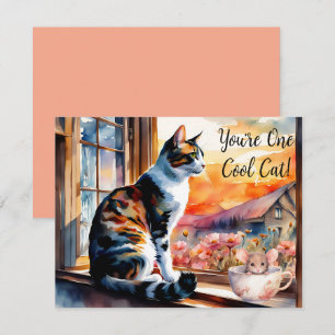 Tarjeta de saludo de gato y ratón acuarela
