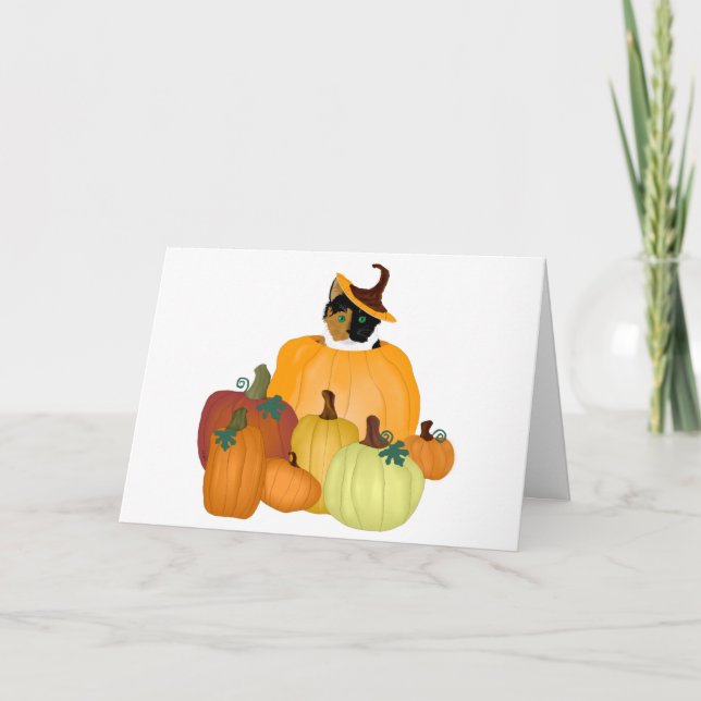 Tarjeta de saludo de gatos del parche de calabaza (Anverso)