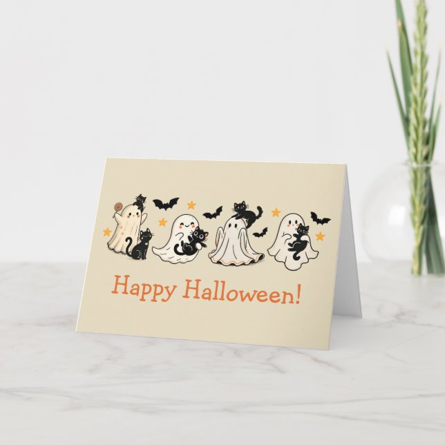 Tarjeta de saludo de Ghost y Cat Halloween (Anverso)