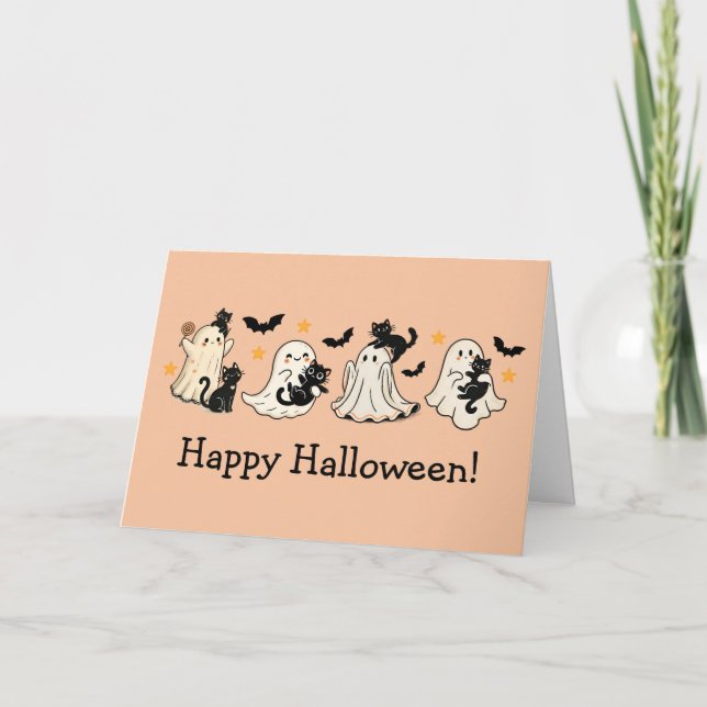 Tarjeta de saludo de Ghost y Cat Halloween (Anverso)