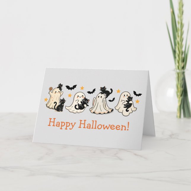 Tarjeta de saludo de Ghost y Cat Halloween (Anverso)