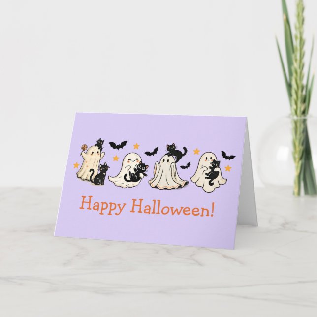 Tarjeta de saludo de Ghost y Cat Halloween (Anverso)