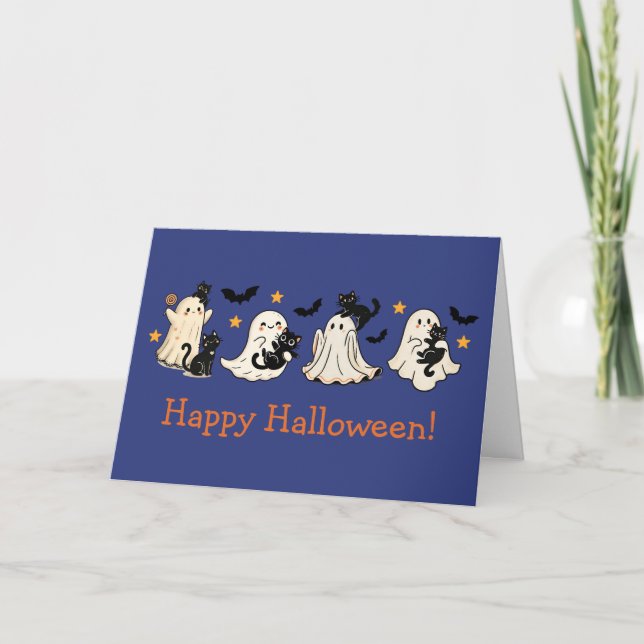 Tarjeta de saludo de Ghost y Cat Halloween (Anverso)