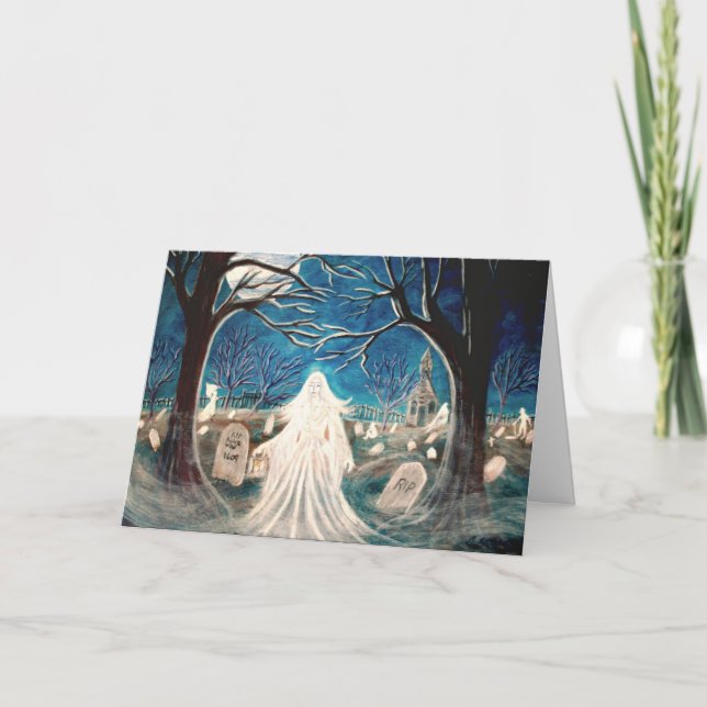 Tarjeta de saludo de Halloween, cementerio, fantas (Anverso)