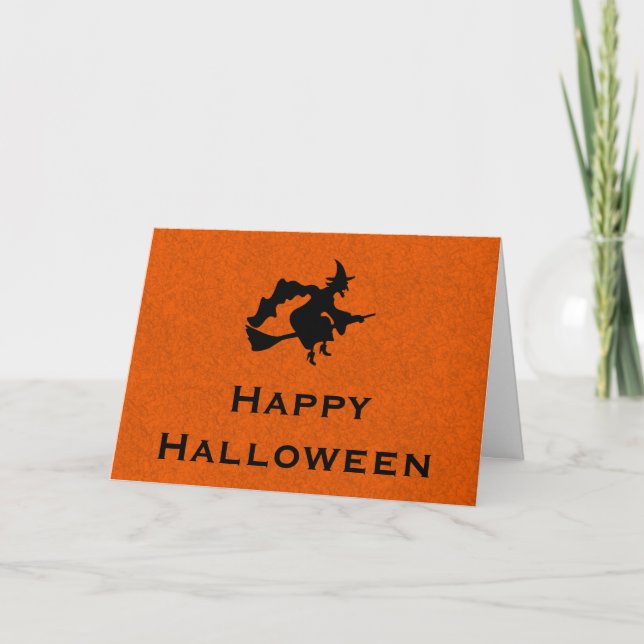 Tarjeta de saludo de Halloween con bruja voladora (Anverso)