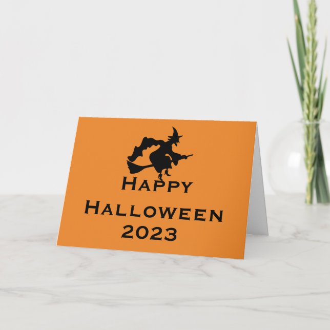 Tarjeta de saludo de Halloween con bruja voladora (Anverso)