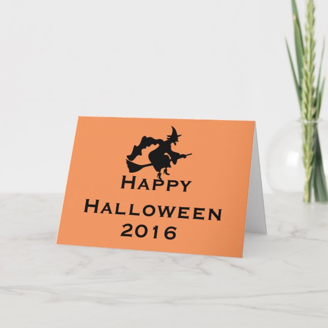 Tarjeta de saludo de Halloween con bruja voladora (Anverso)