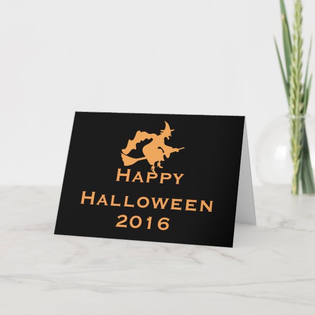Tarjeta de saludo de Halloween con bruja voladora (Anverso)