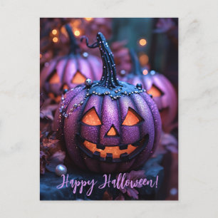 Tarjeta de saludo de Halloween con calabazas Purpu