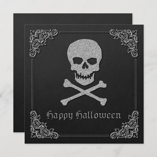 Tarjeta de saludo de Halloween con cráneo plateado (Anverso / Reverso)