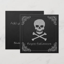 Tarjeta de saludo de Halloween con cráneo plateado