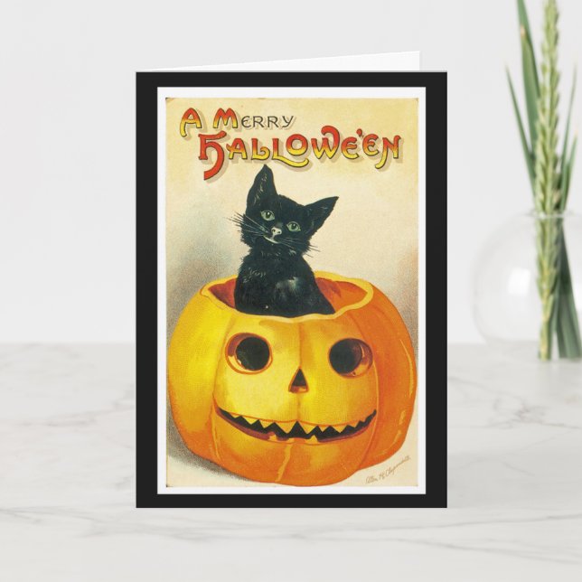 Tarjeta de saludo de Halloween de época con gato n (Anverso)