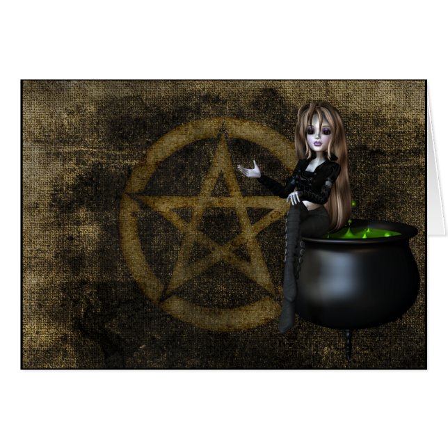 Tarjeta de saludo de Halloween de Witch Cauldron & (Anverso (Horizontal))