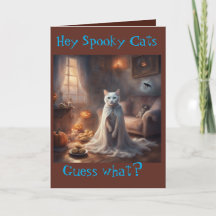 Tarjeta de saludo de Halloween del gato fantasma e
