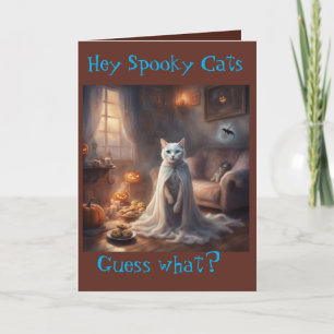 Tarjeta de saludo de Halloween del gato fantasma e