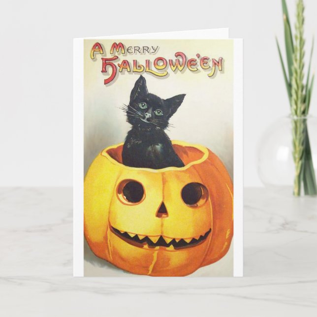 Tarjeta de saludo de Halloween para gato negro vin (Anverso)