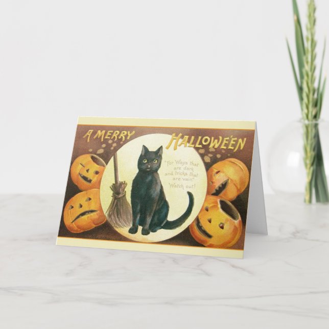 Tarjeta de saludo de Halloween para gato negro vin (Anverso)