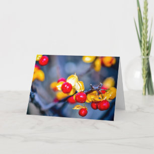 Tarjeta de saludo de hojas amarillas y moras rojas