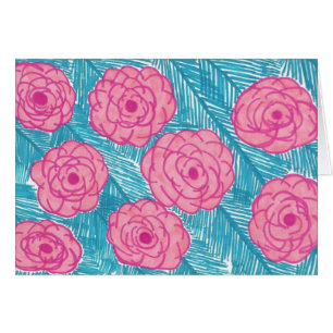 Tarjeta de saludo de hojas de palmera y flores tro