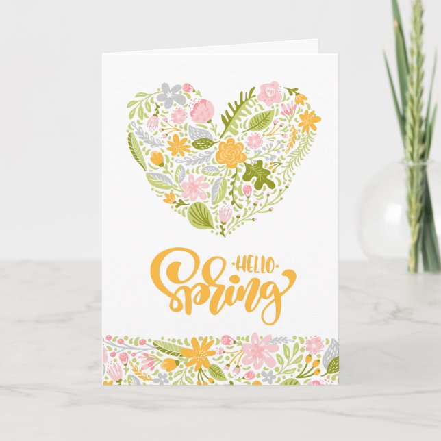 Tarjeta de saludo de Hola Primavera con corazón fl (Anverso)