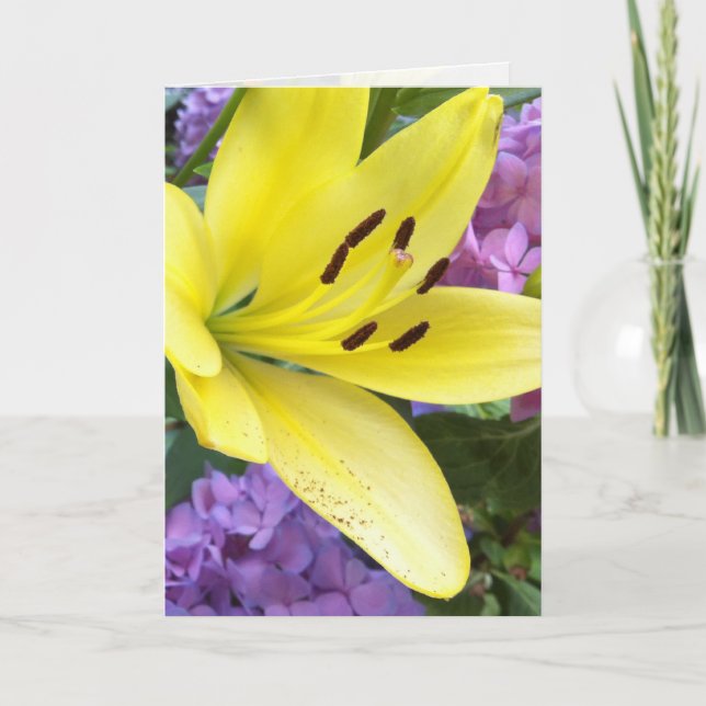 Tarjeta de saludo de Lily amarilla y Lavender Hydr (Anverso)