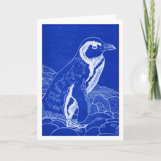 Tarjeta de saludo de Linocut Azul Pingüino African (Anverso)
