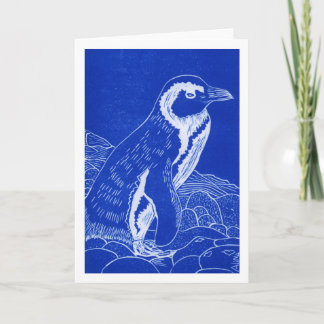 Tarjeta de saludo de Linocut Azul Pingüino African
