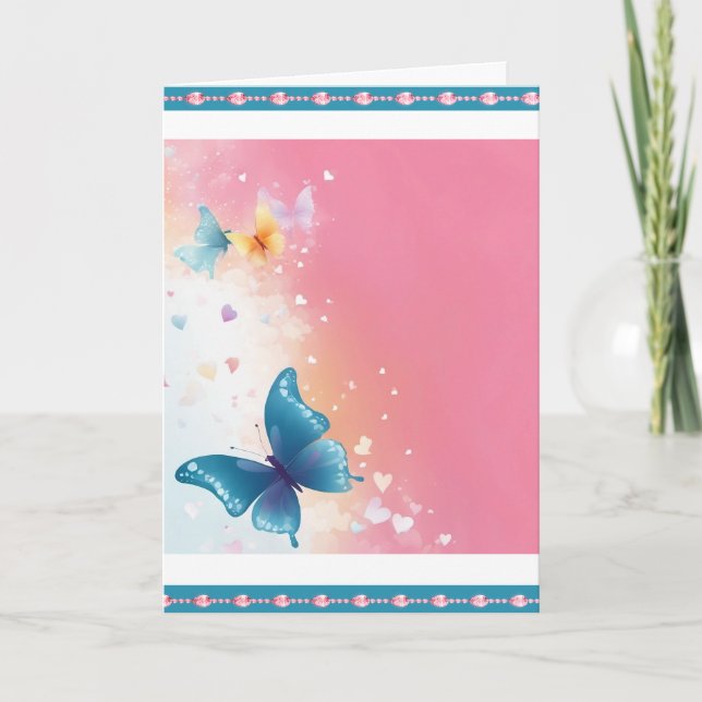 Tarjeta de saludo de mariposa rosa y Verde azulada (Anverso)