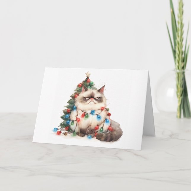 Tarjeta de saludo de Meowy Navidades Tanglage Cat  (Anverso)
