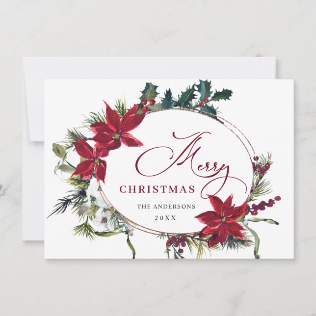Tarjeta de saludo de Navidad elegante con poinsett (Anverso)