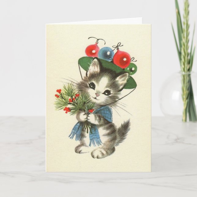 Tarjeta de saludo de Navidad Retro Kitten (Anverso)