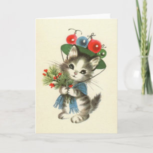 Tarjeta de saludo de Navidad Retro Kitten