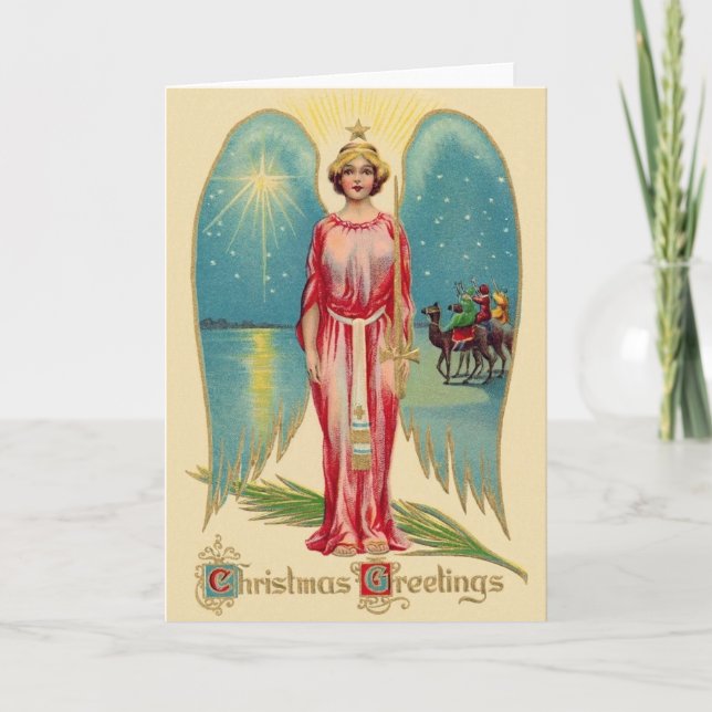 Tarjeta de saludo de Navidades de ángel de época (Anverso)