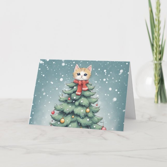 Tarjeta de saludo de Navidades de gato lindo (Anverso)