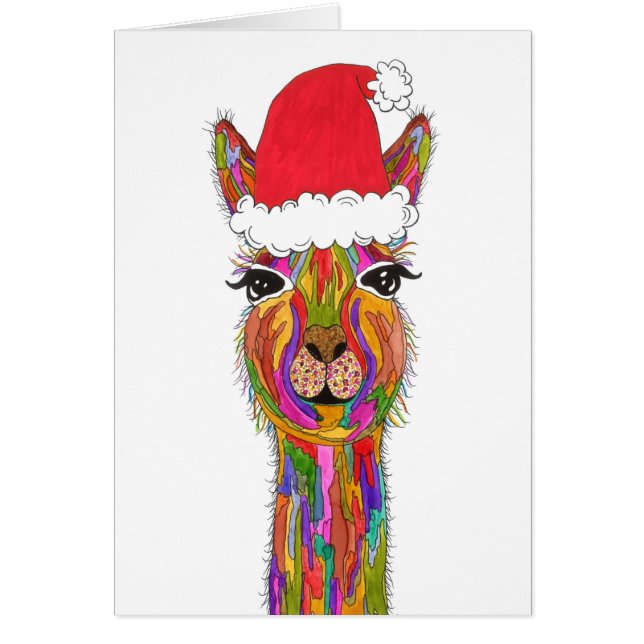Tarjeta de saludo de Navidades de Llama, alegre y  (Frente)