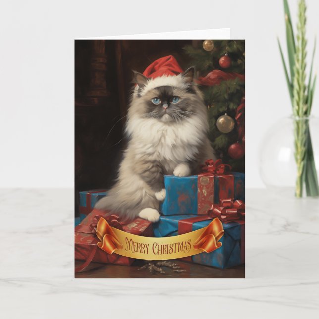 Tarjeta de saludo de Navidades de Ragdoll cat (Anverso)