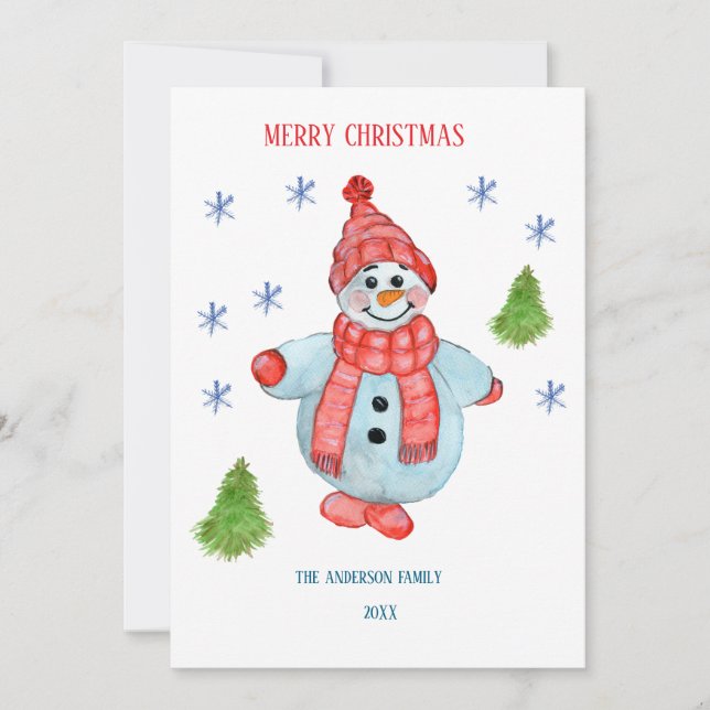 Tarjeta de saludo de navidades de un muñeco de nie (Anverso)