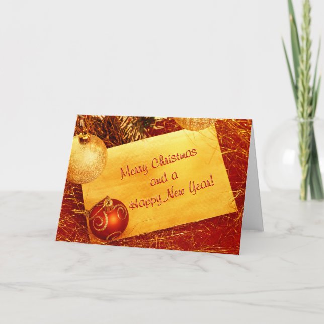 Tarjeta de saludo de Navidades dorados y rojos (Anverso)
