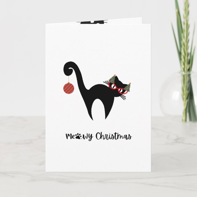 Tarjeta de saludo de Navidades Meowy de gato negro (Anverso)