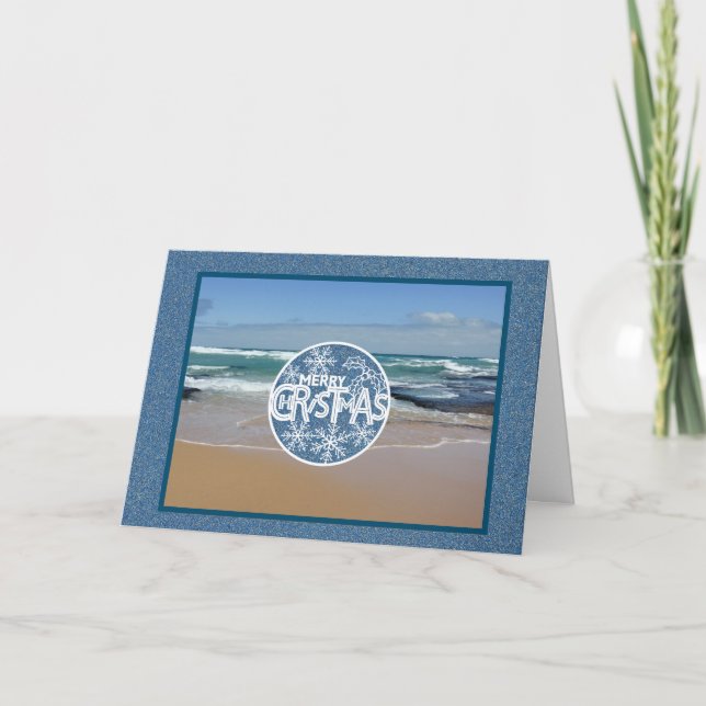 Tarjeta de saludo de Navidades Purpurinas de playa (Anverso)